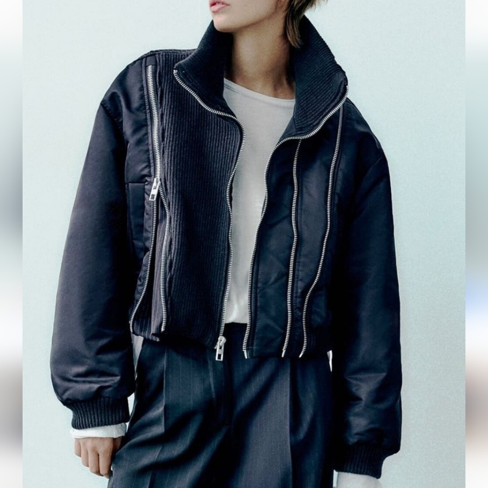 ZARA I NWT S Mixed Media Bomber Puffer Jacket I navy